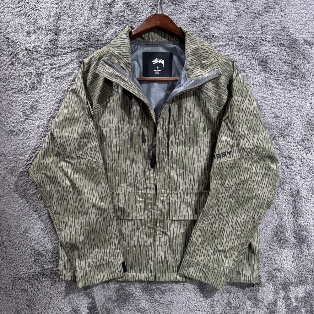 Stussy Rain Camo Shell Jacket Mens Small Green Grey Full Zip Windbreaker
